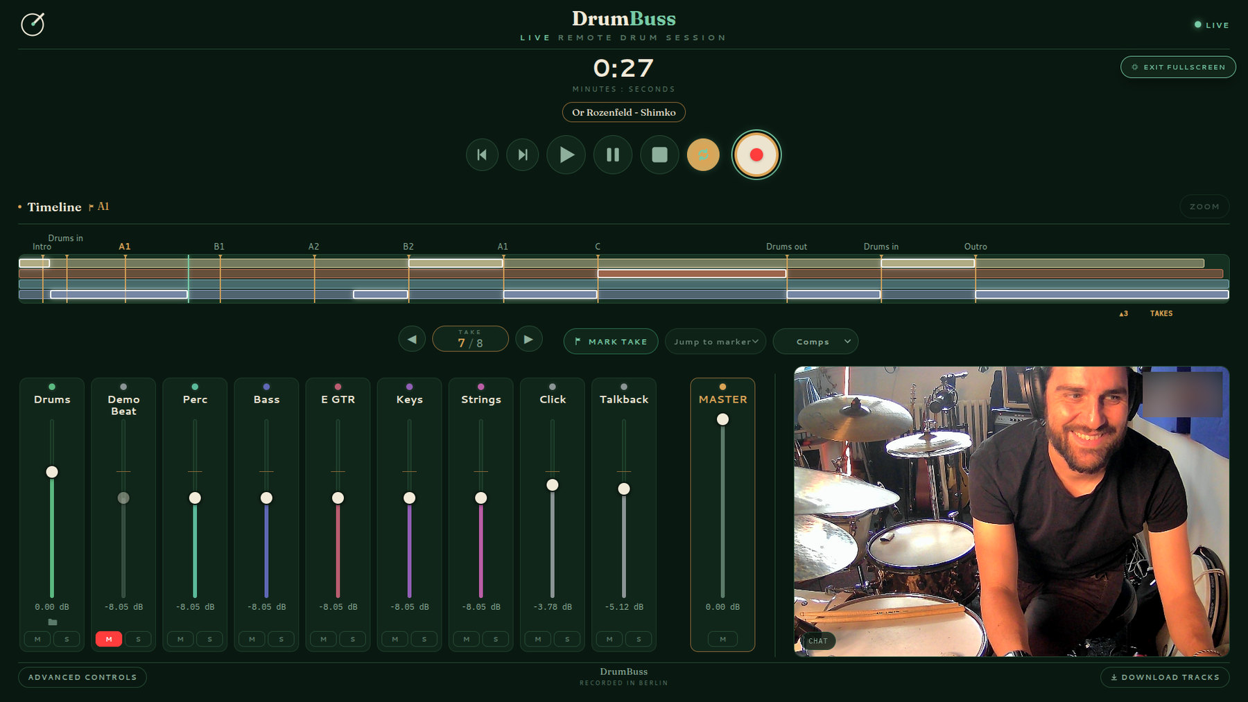 The control room in the browser: transport, timeline with song
              sections, take selector, a fader for every track, and the video
              feed from the studio.